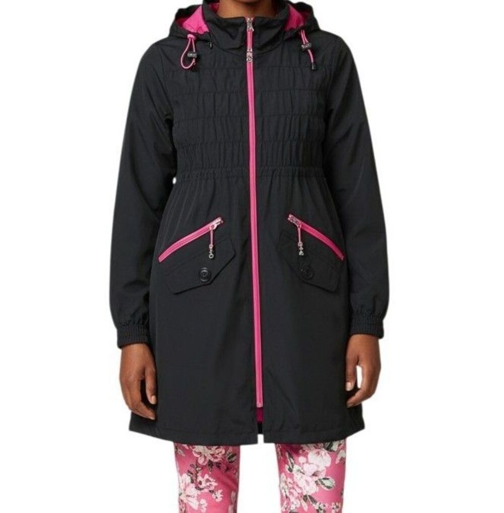 Betsey Johnson Smocked Rain Coat Women's Small Black Hot Pink Hooded Windbreaker